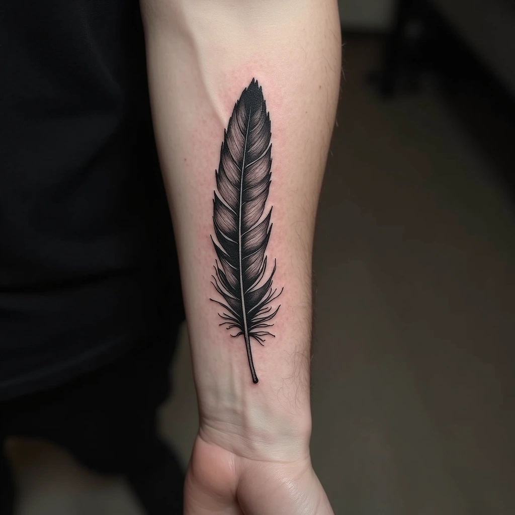 Detailed feather tattoo along woman's wrist