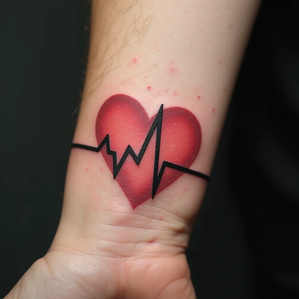 Heart with EKG heartbeat line tattoo on wrist