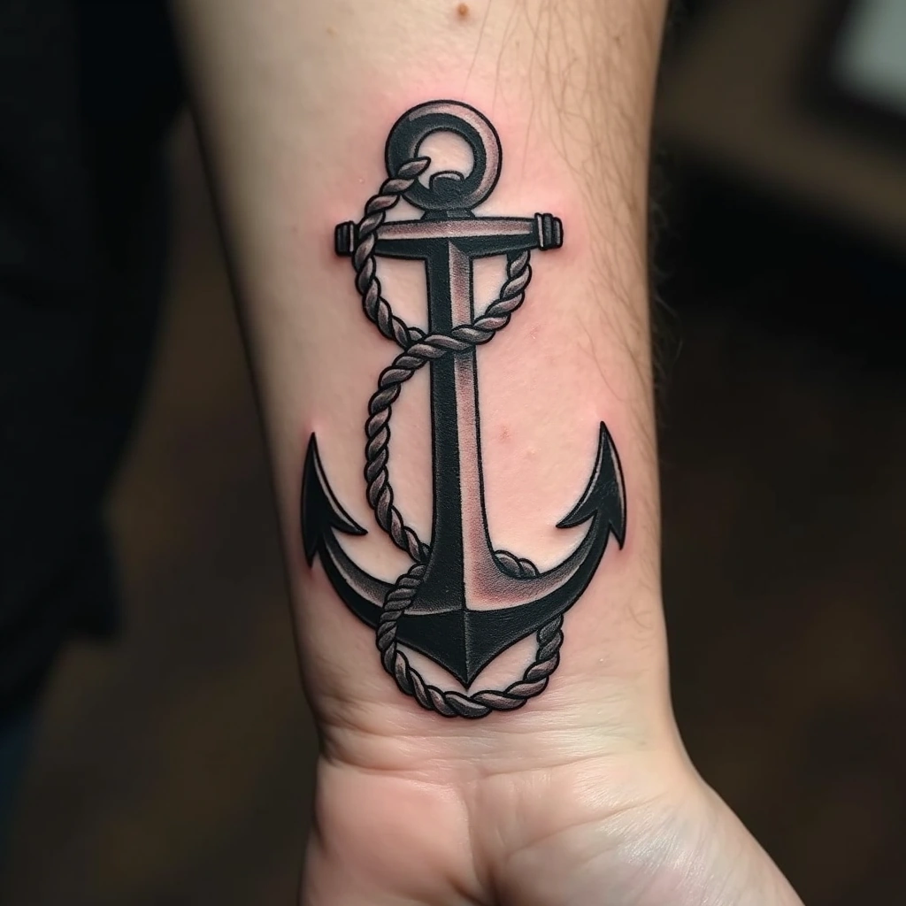 Nautical anchor tattoo with rope on woman's wrist