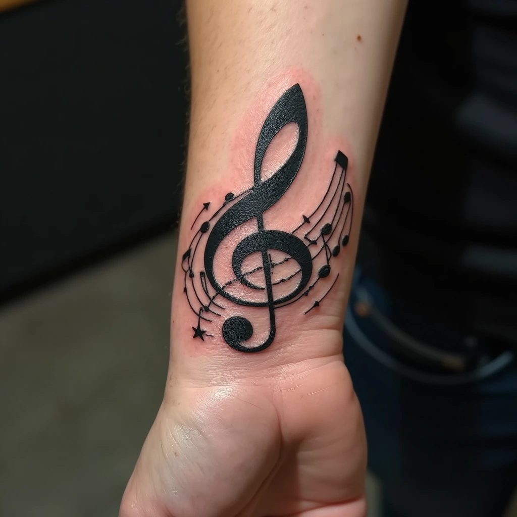 Musical notes and treble clef tattoo on woman's wrist