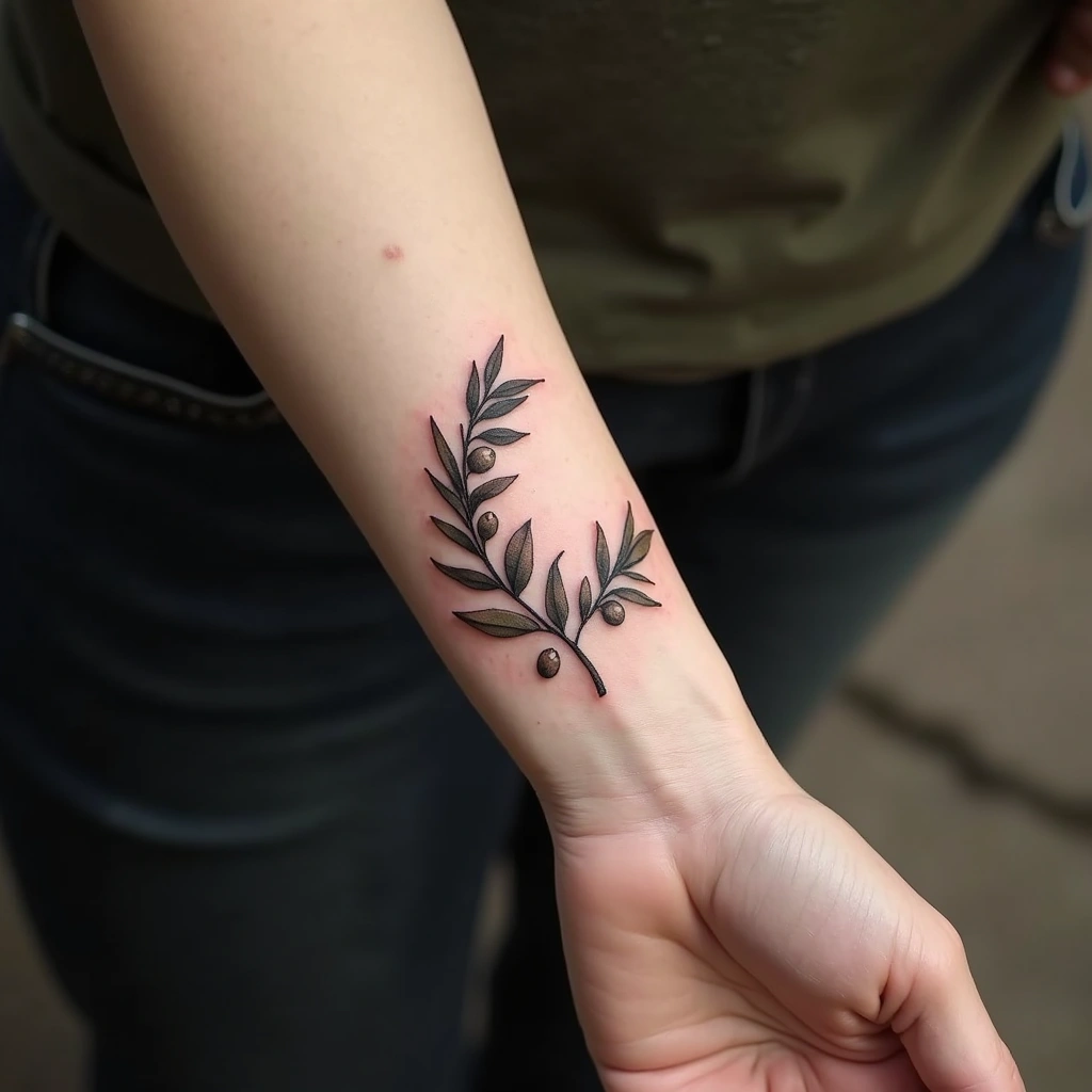 Olive branch tattoo curving around woman's wrist