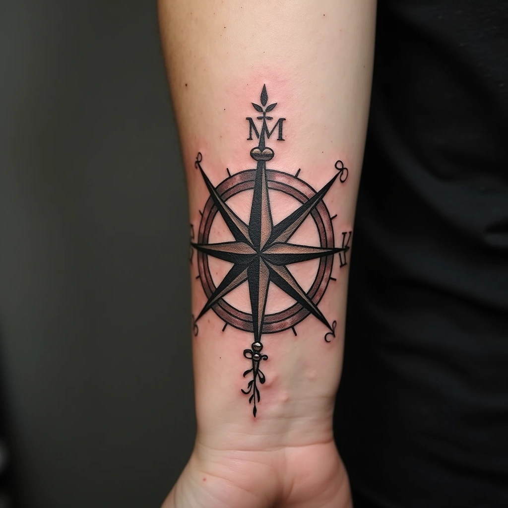 Compass direction tattoo on woman's outer wrist