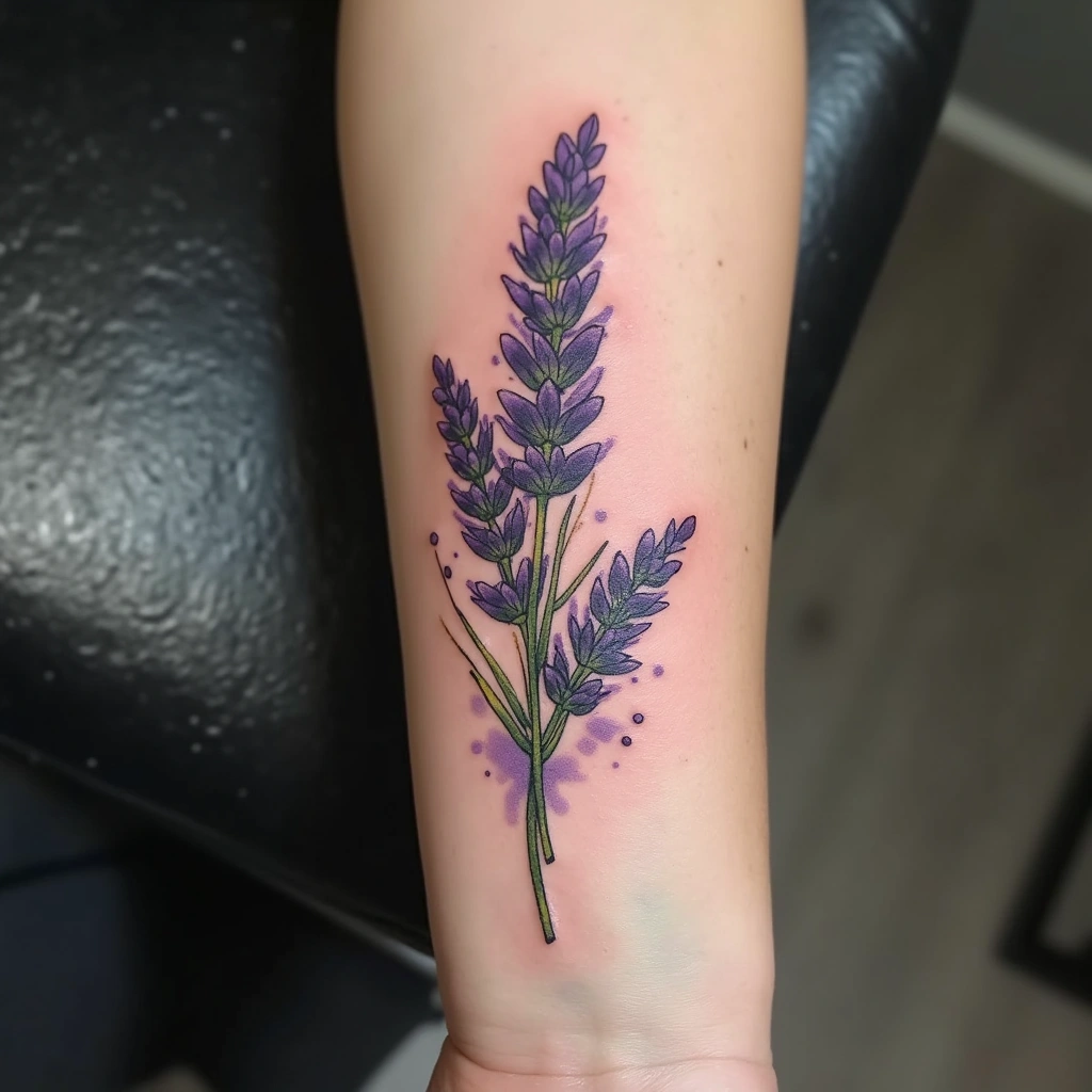Watercolor lavender sprig wrist tattoo with purple flowers