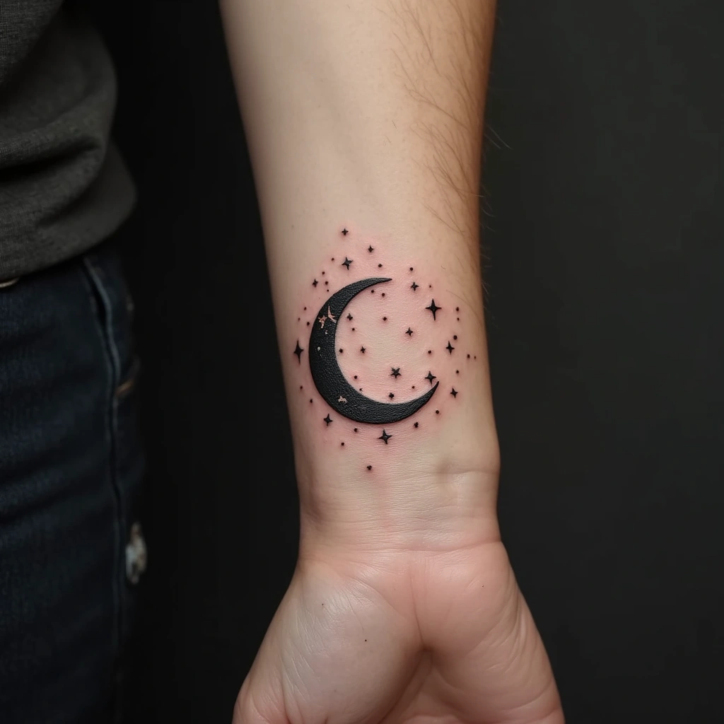Crescent moon and stars tattoo on woman's wrist