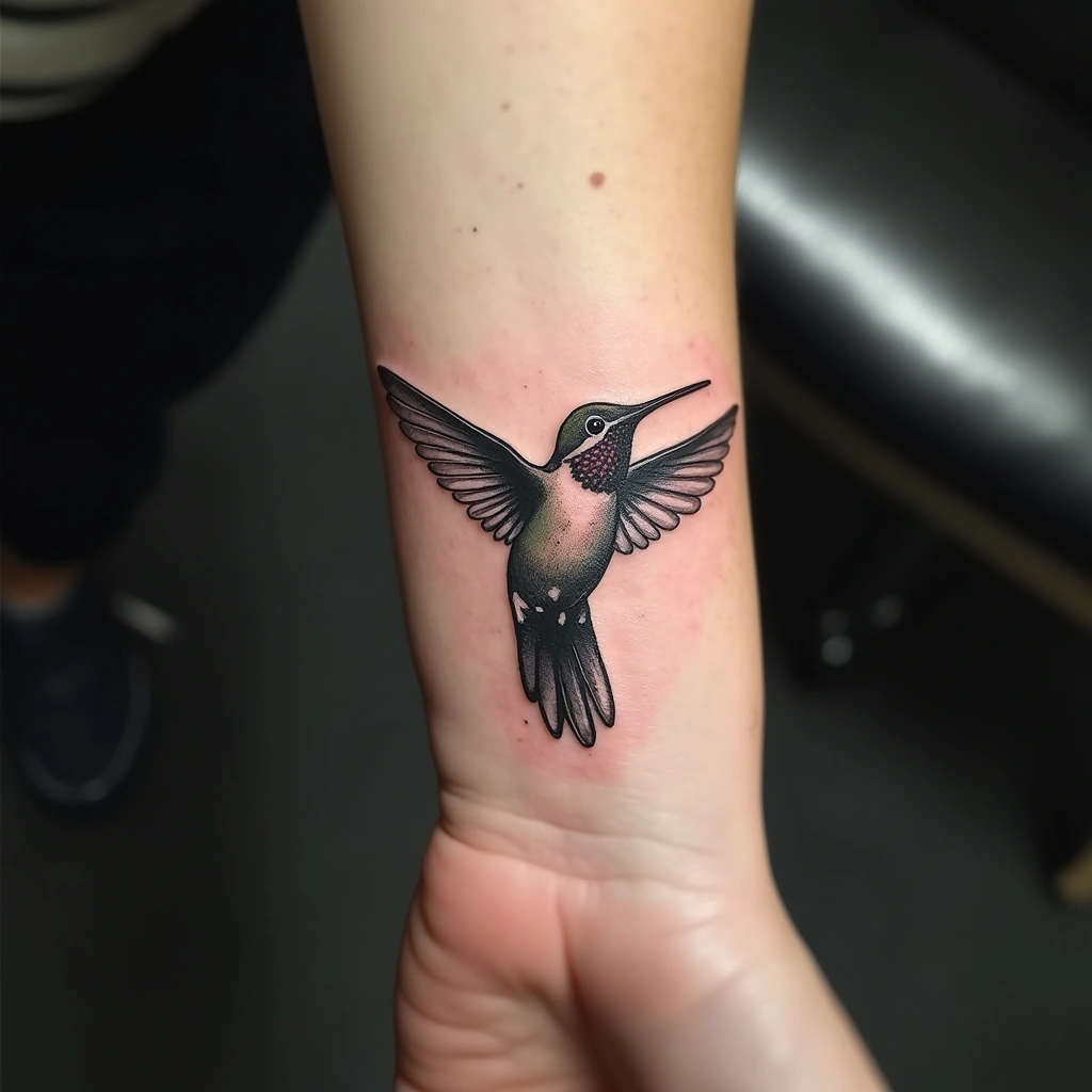 Detailed hummingbird tattoo on woman's outer wrist