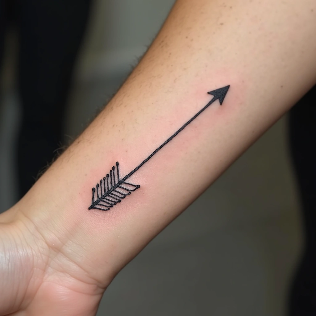 Minimalist arrow tattoo along woman's wrist