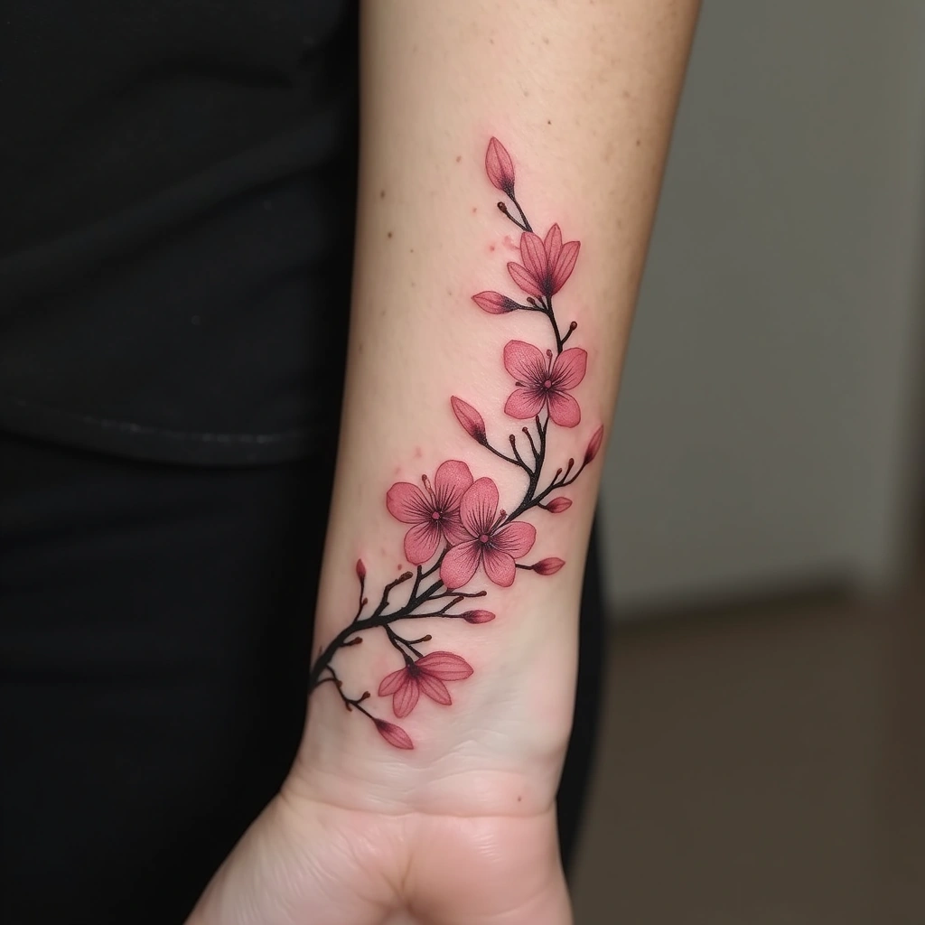 Cherry blossom branch tattoo wrapping around wrist