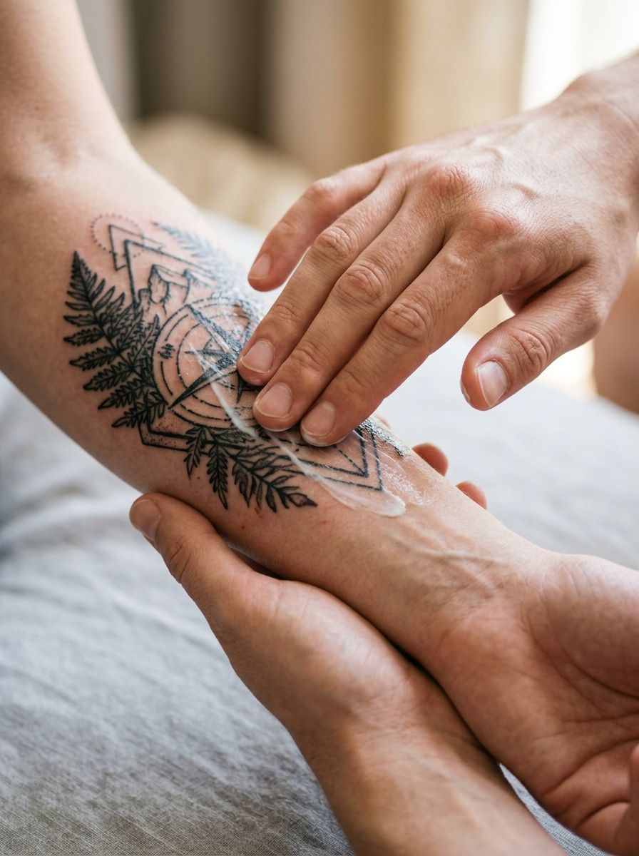 Applying unscented moisturizer to a healing tattoo