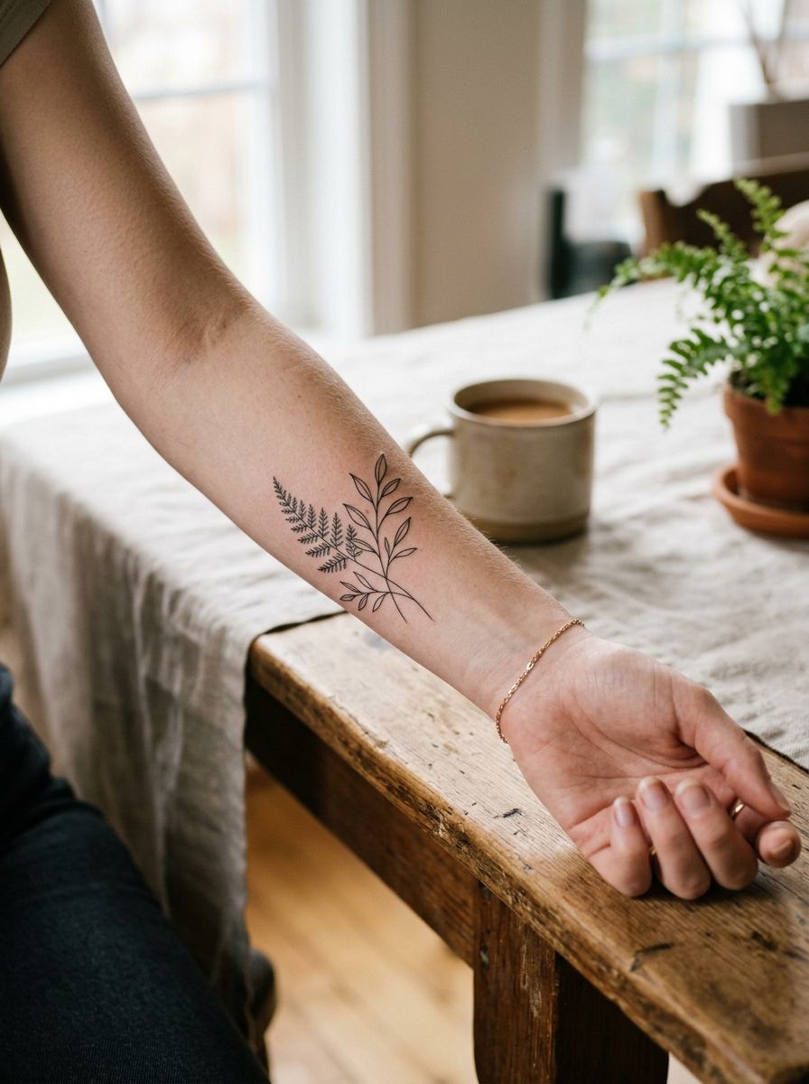 Delicate botanical leaf tattoo on forearm