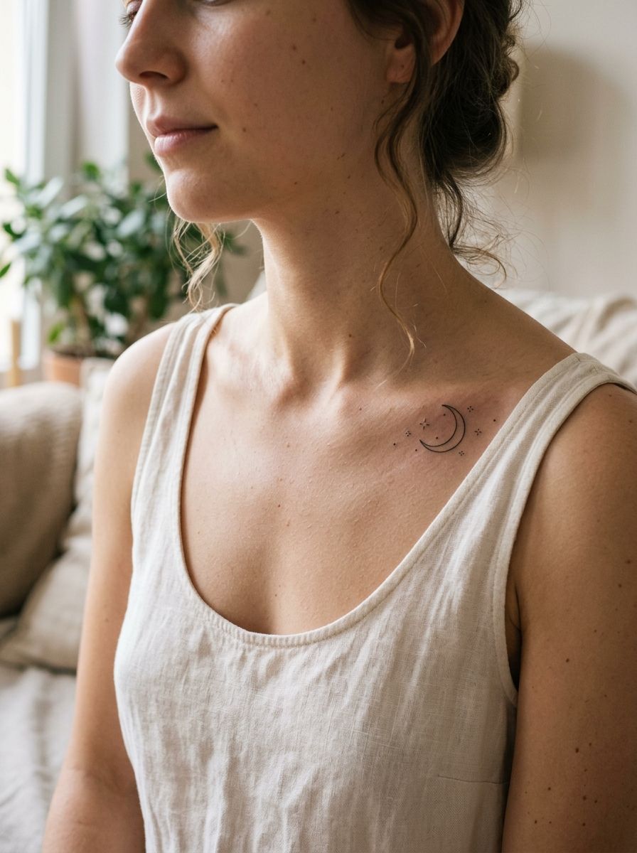 Crescent moon and stars tattoo on collarbone