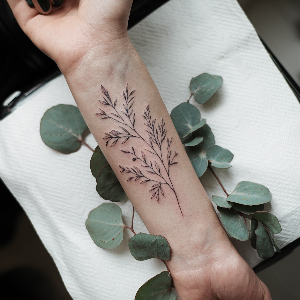 Fine line botanical branch tattoo on forearm