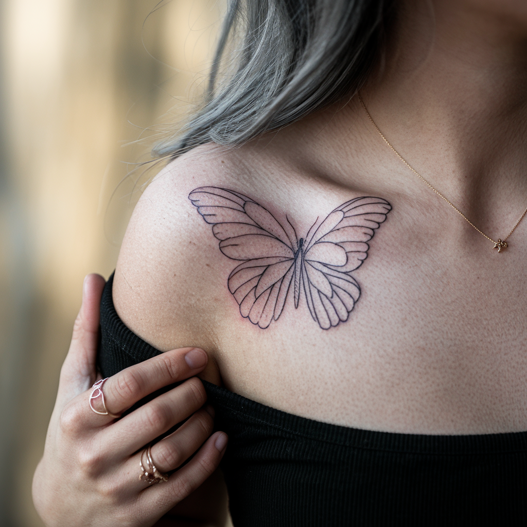 Fine line butterfly tattoo on collarbone
