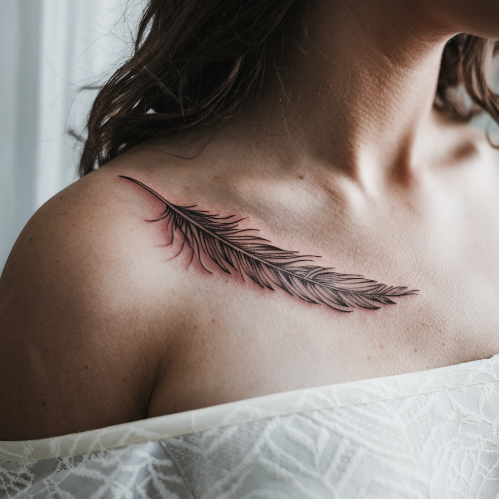 Fine line feather tattoo on collarbone