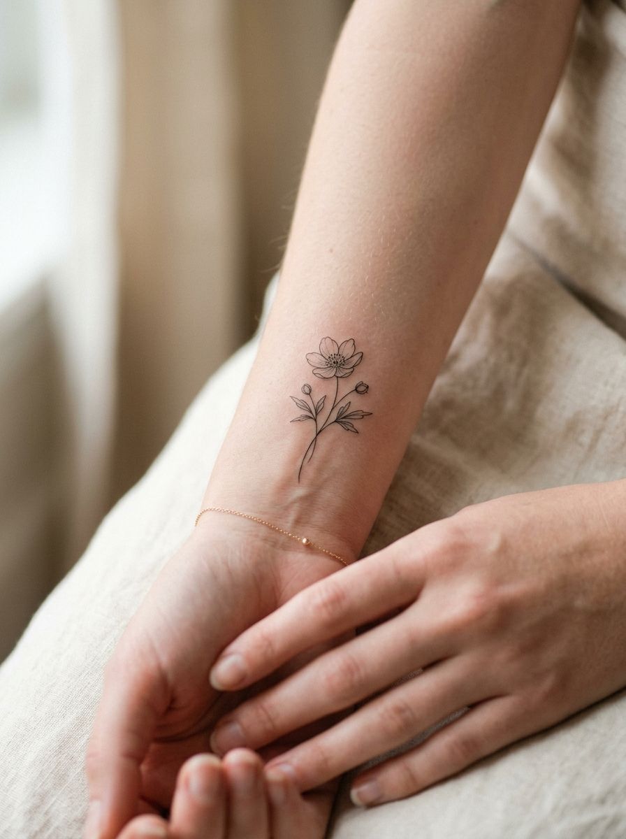 Fine line floral tattoo on a woman's wrist