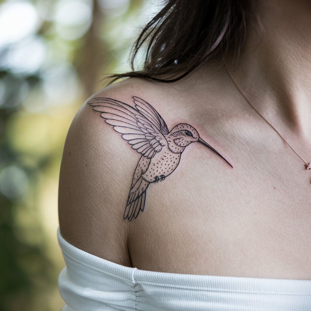 Fine line hummingbird tattoo on shoulder