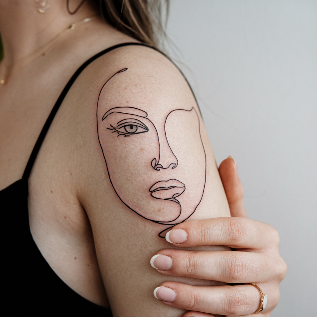 Fine line minimalist portrait tattoo on arm