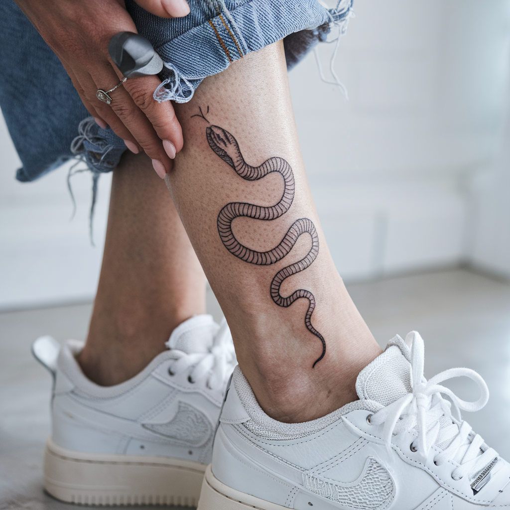 Fine line snake tattoo wrapped around ankle