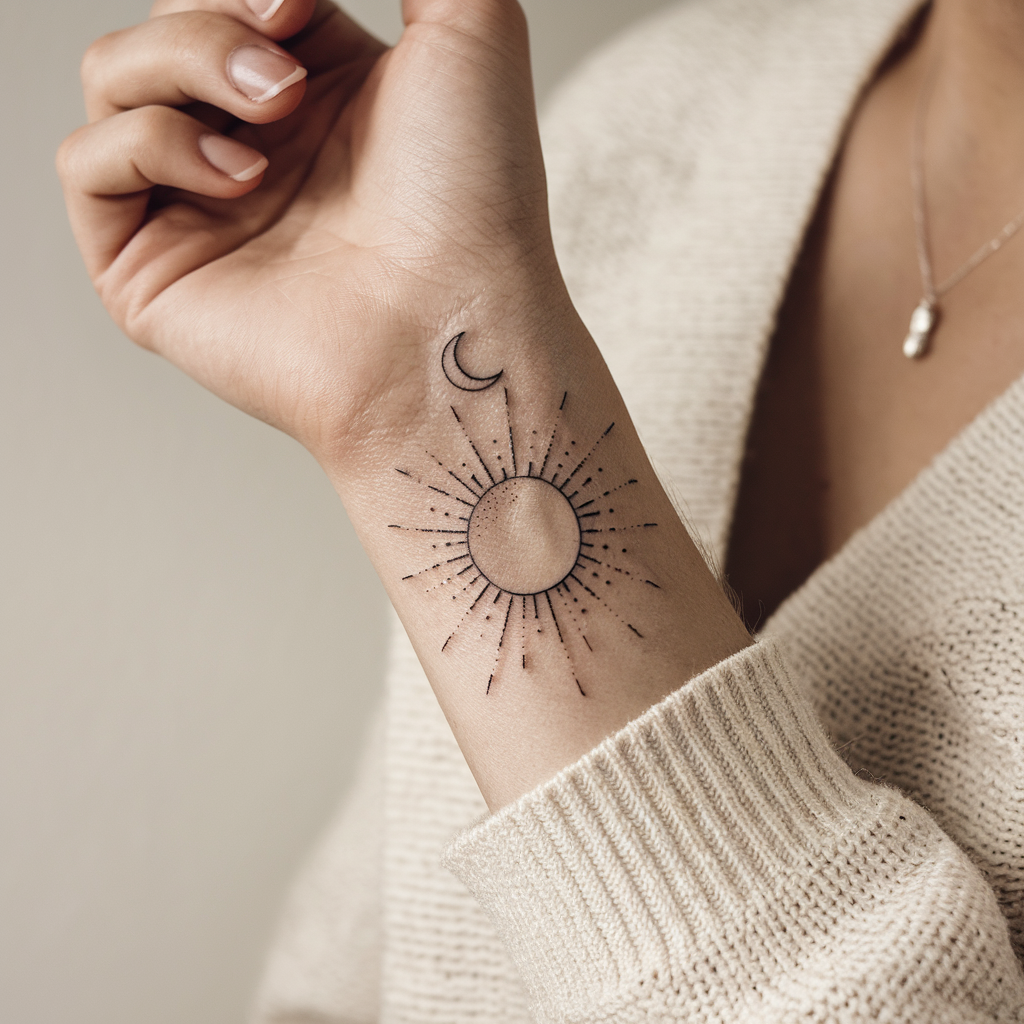 Fine line sun and moon tattoo on wrist