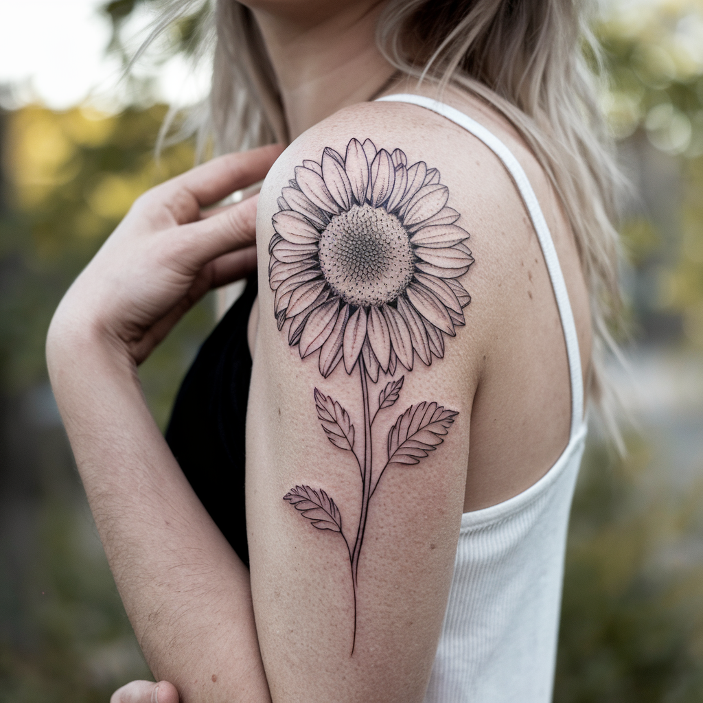 Fine line sunflower tattoo on upper arm