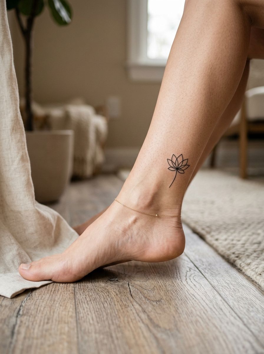 Minimalist lotus flower tattoo on ankle