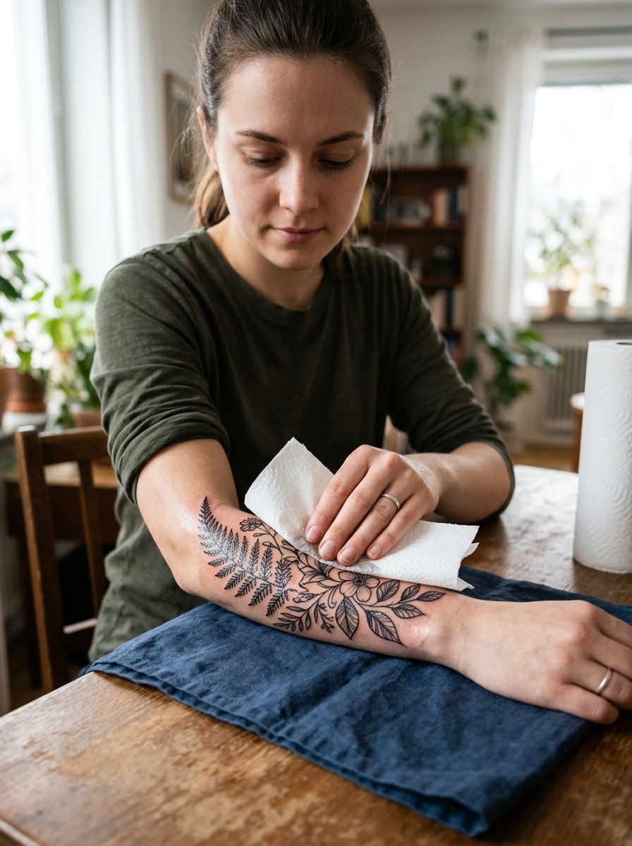 Patting a new tattoo dry with a clean paper towel