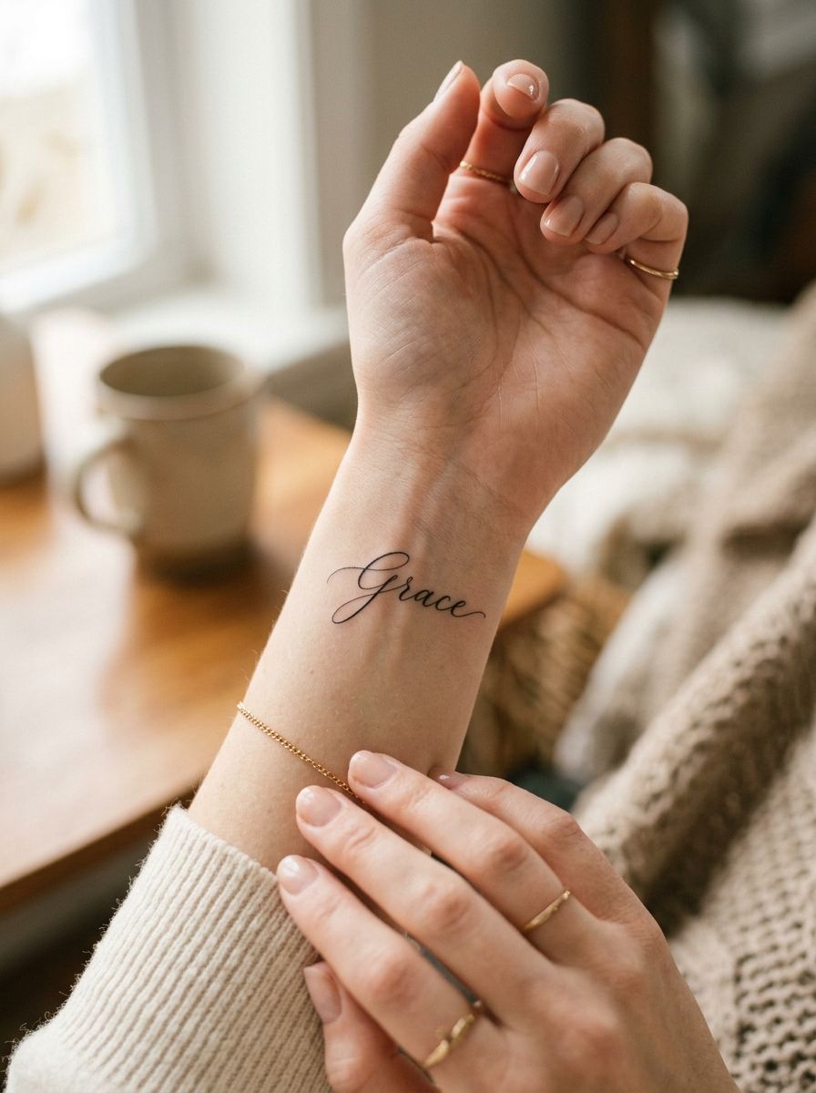 Elegant script word tattoo on inner wrist