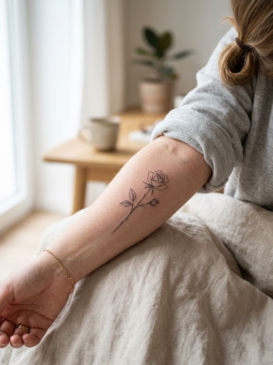 Single rose fine line tattoo on forearm