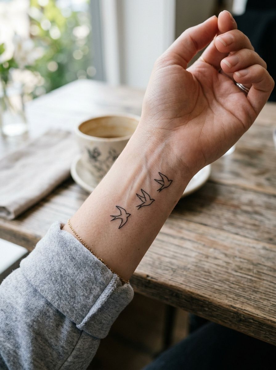 Small bird silhouette tattoos on wrist