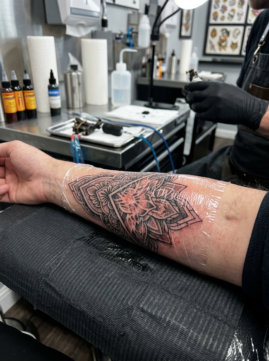 Fresh tattoo wrapped with protective film