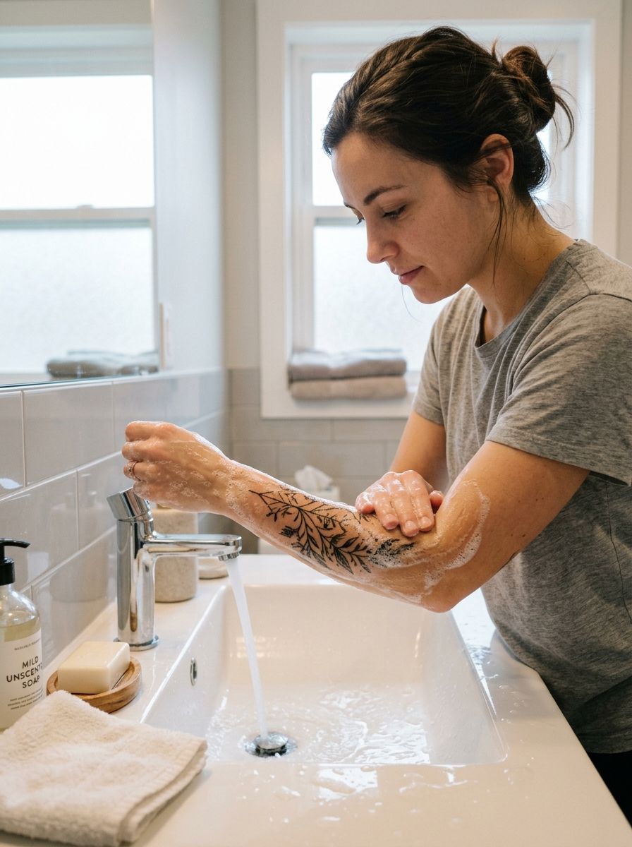 Gently washing a new tattoo with mild soap