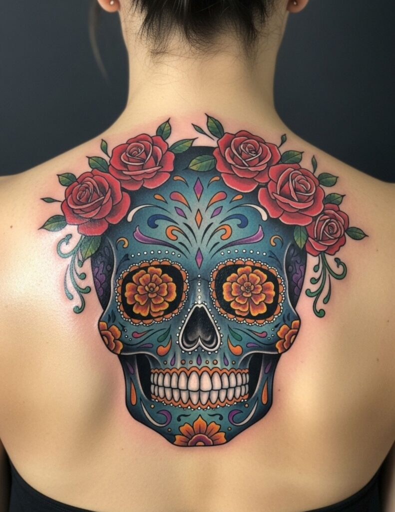 Colourful sugar skull and rose tattoo across a woman's upper back, with red roses crowning a teal Day of the Dead skull