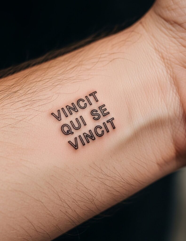 Latin phrase tattoo in fine-line cursive script on a forearm