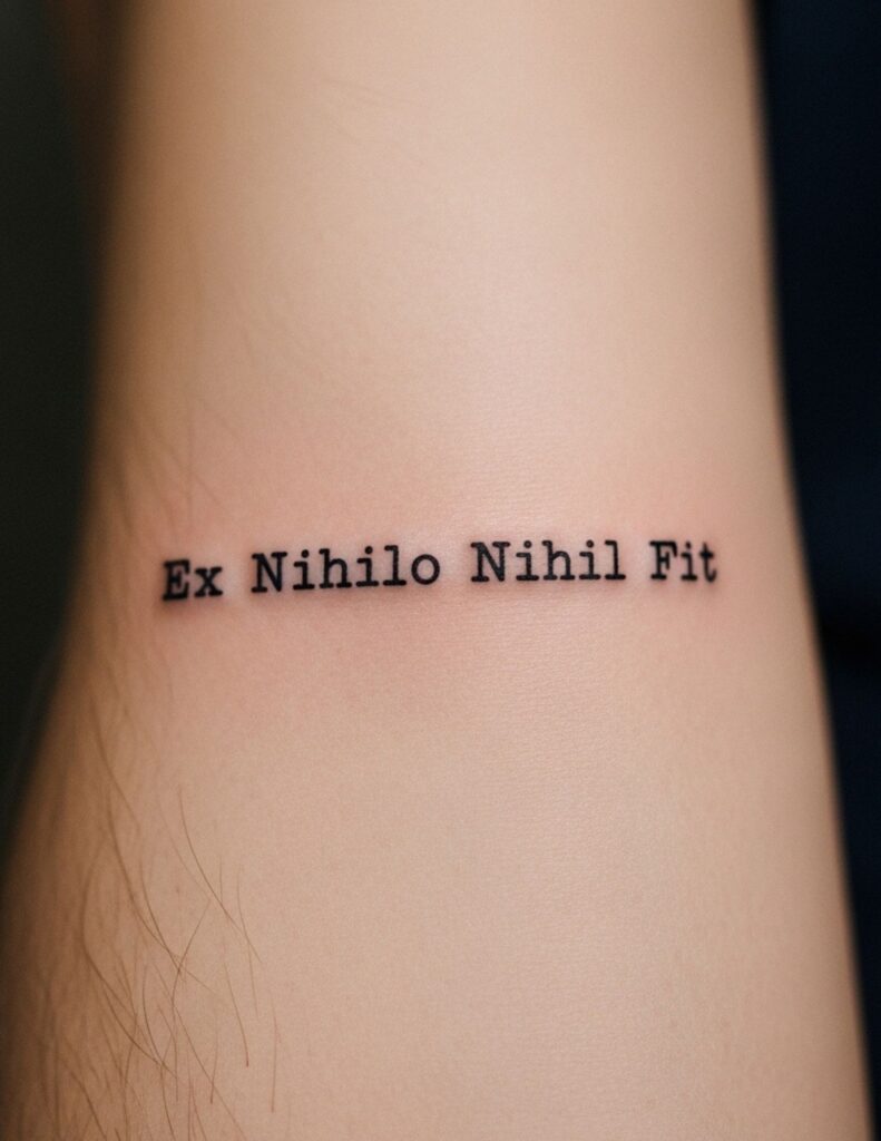 Latin phrase tattoo in fine-line script on the inner forearm