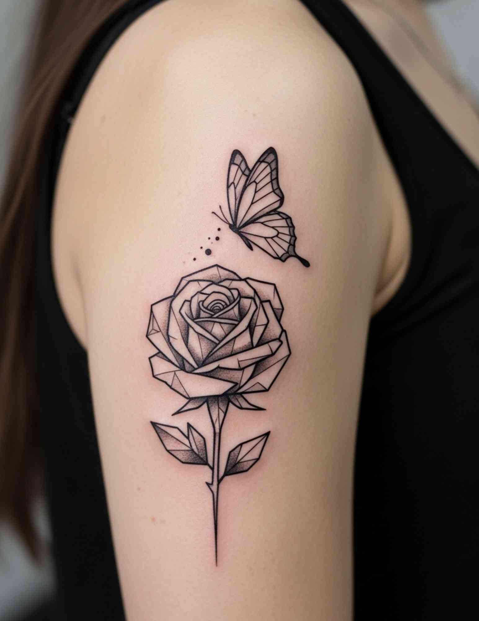 Geometric rose and butterfly tattoo on the shoulder with a faceted rose beneath a fine line butterfly