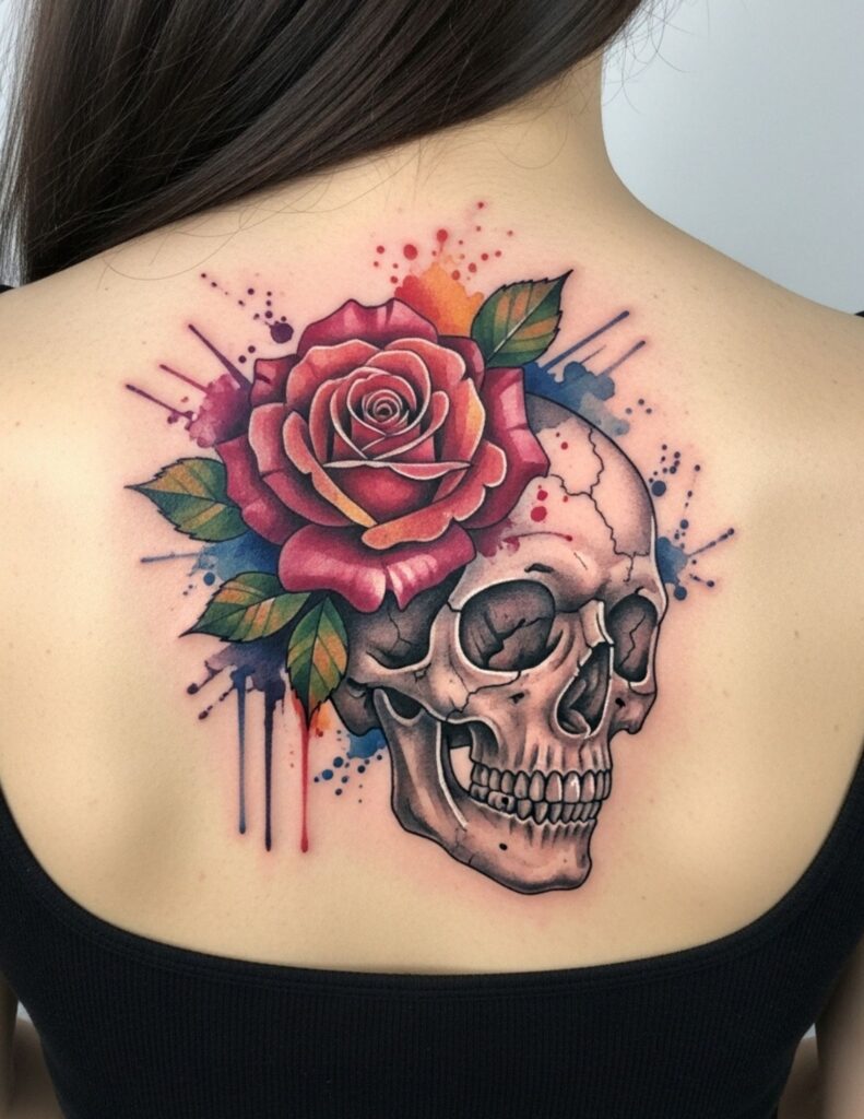 Watercolour splash rose and skull tattoo on the upper back with bursts of colour behind the design