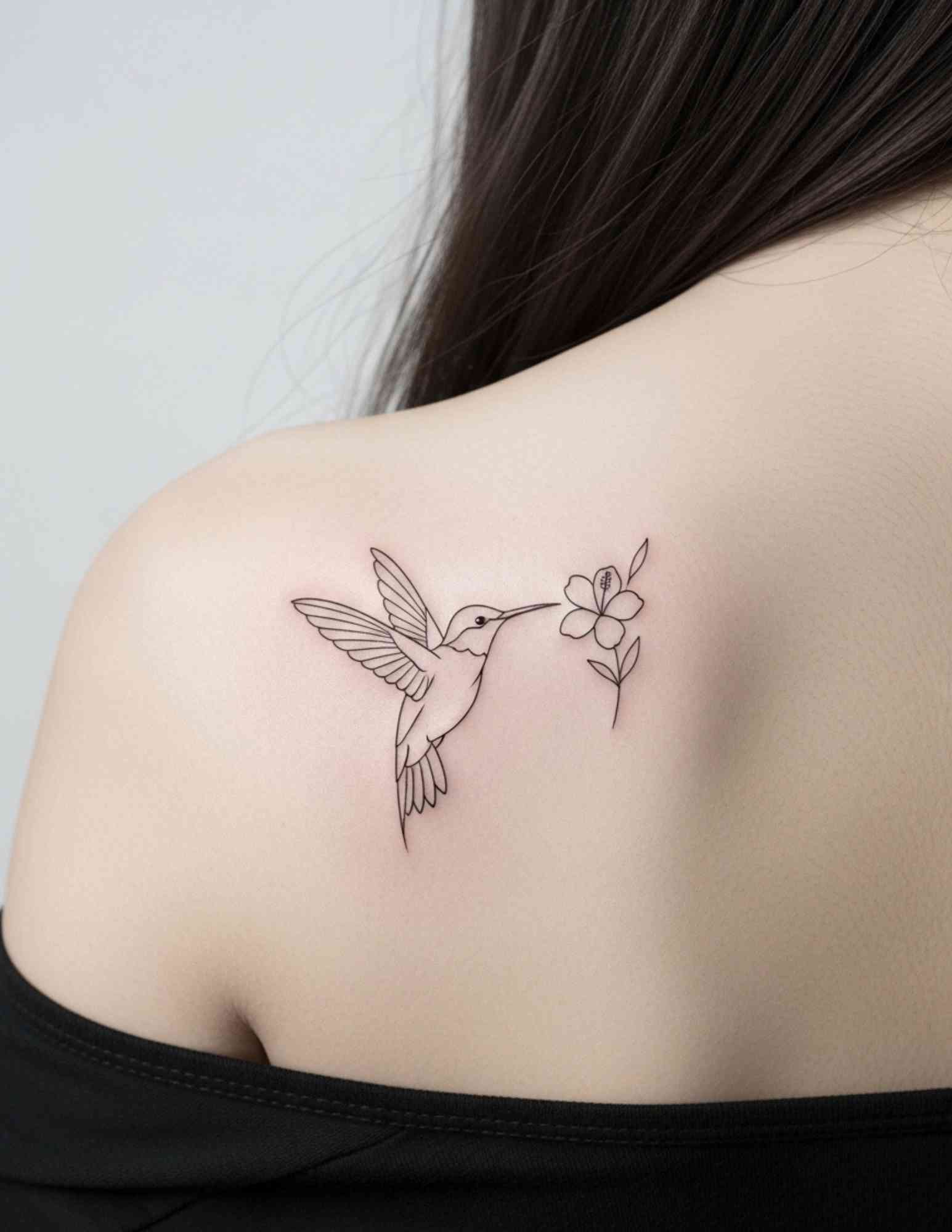 Hummingbird small shoulder tattoo in fine line with detailed wings