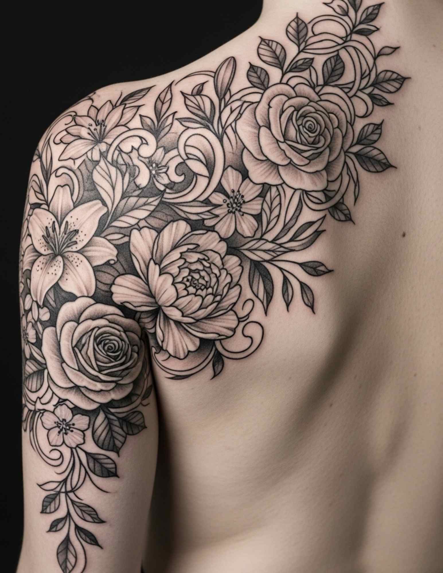 Floral back tattoo flowing from a shoulder cap across the shoulder onto the upper back.