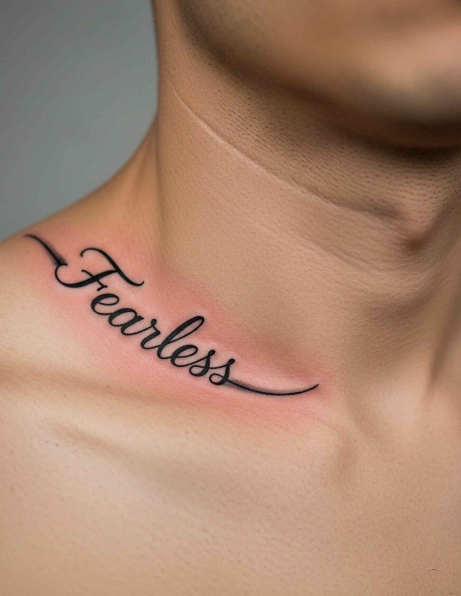 "Fearless" word tattoo on a man's forearm in strong upright capitals