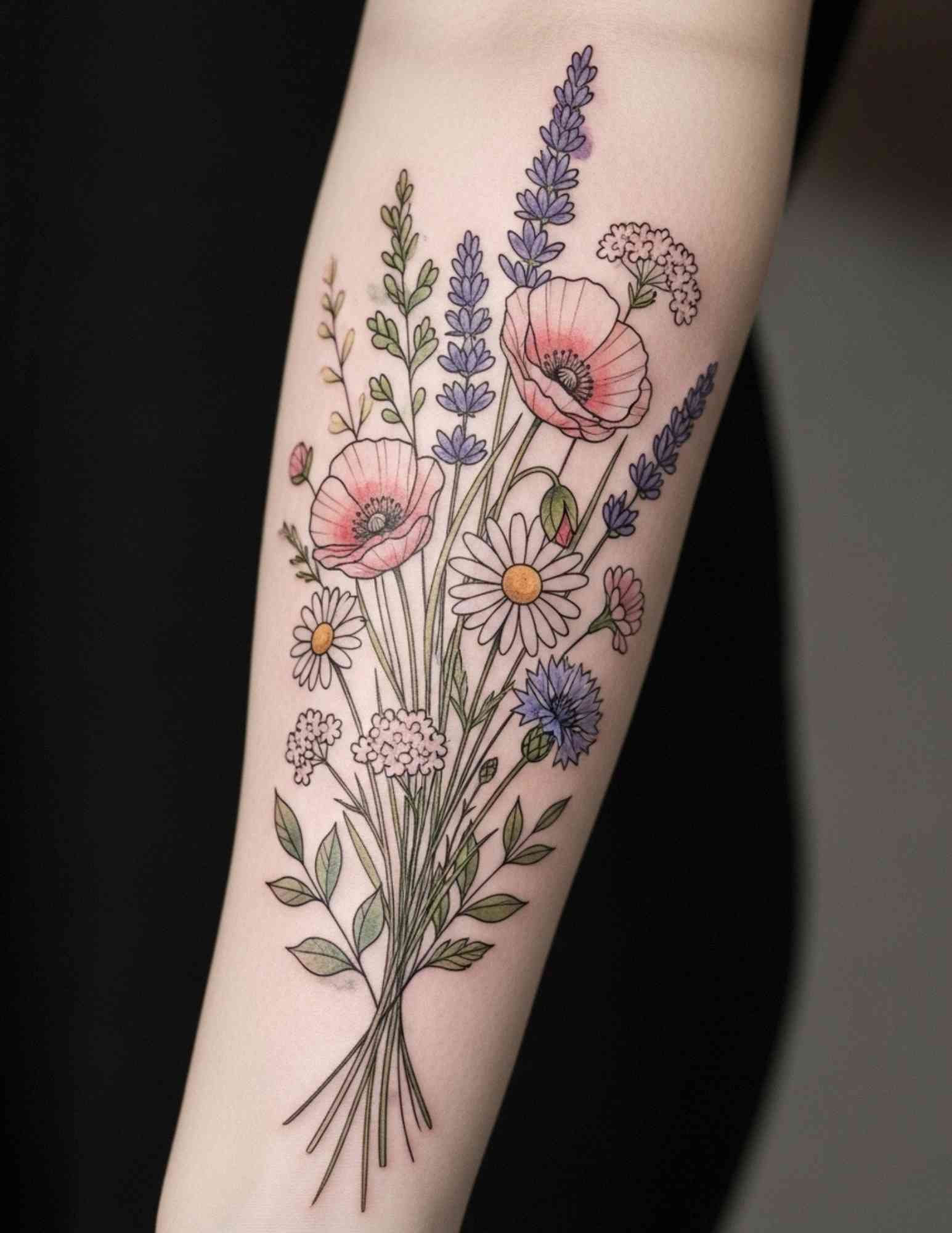 Gathered wildflower bouquet tattoo tied at the stems