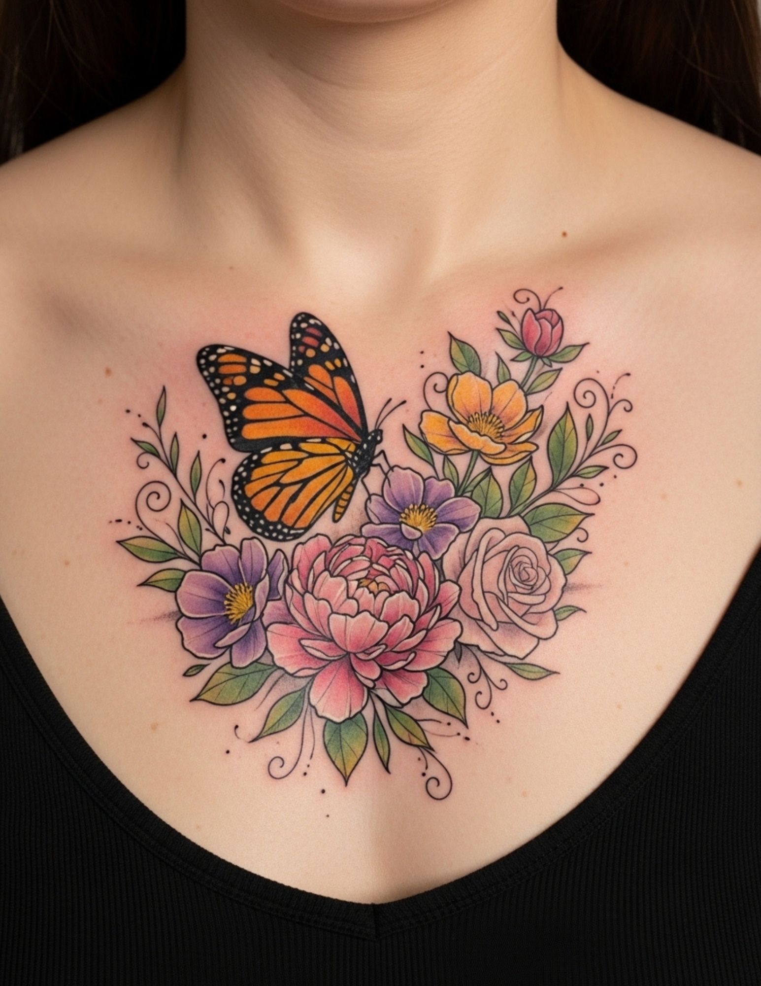 Ornate butterfly chest tattoo with mandala detailing inside the wings