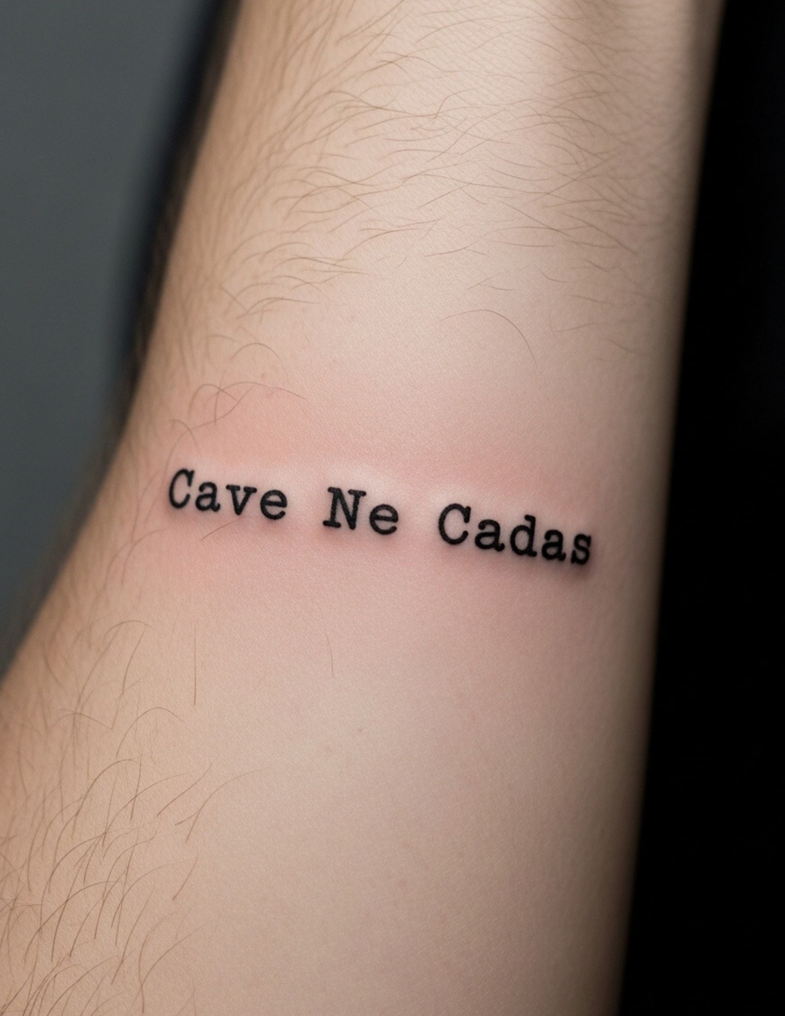 Cave Ne Cadas Latin phrase tattoo in fine-line script lettering on the arm