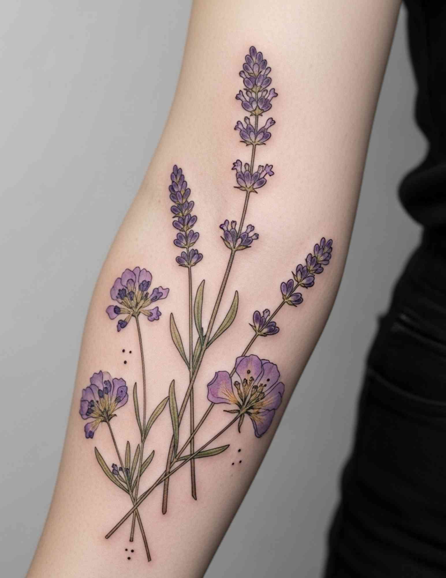 Abstract lavender tattoo using loose geometric and gestural marks