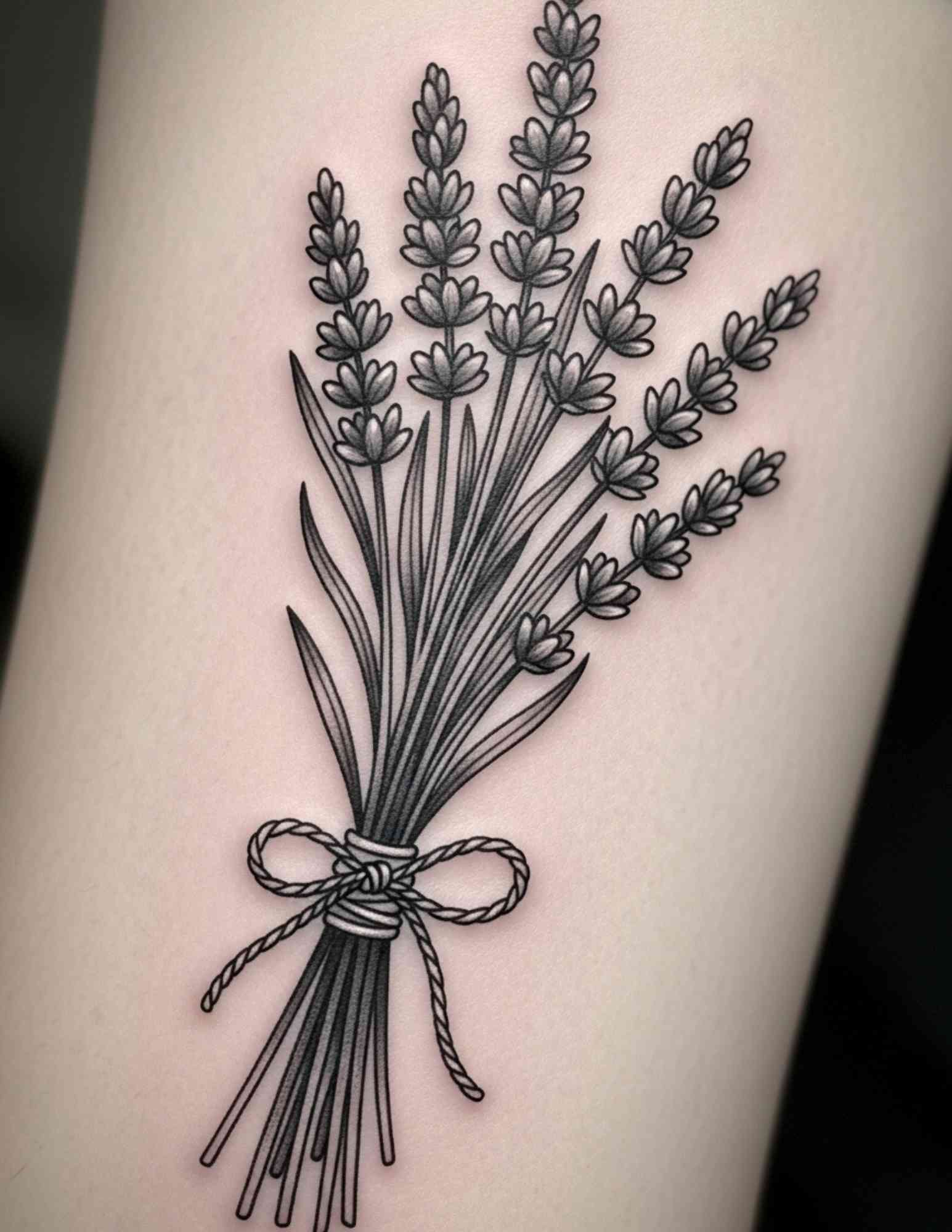 Lavender tattoo of a bundle of stems tied with twine on a woman's inner arm