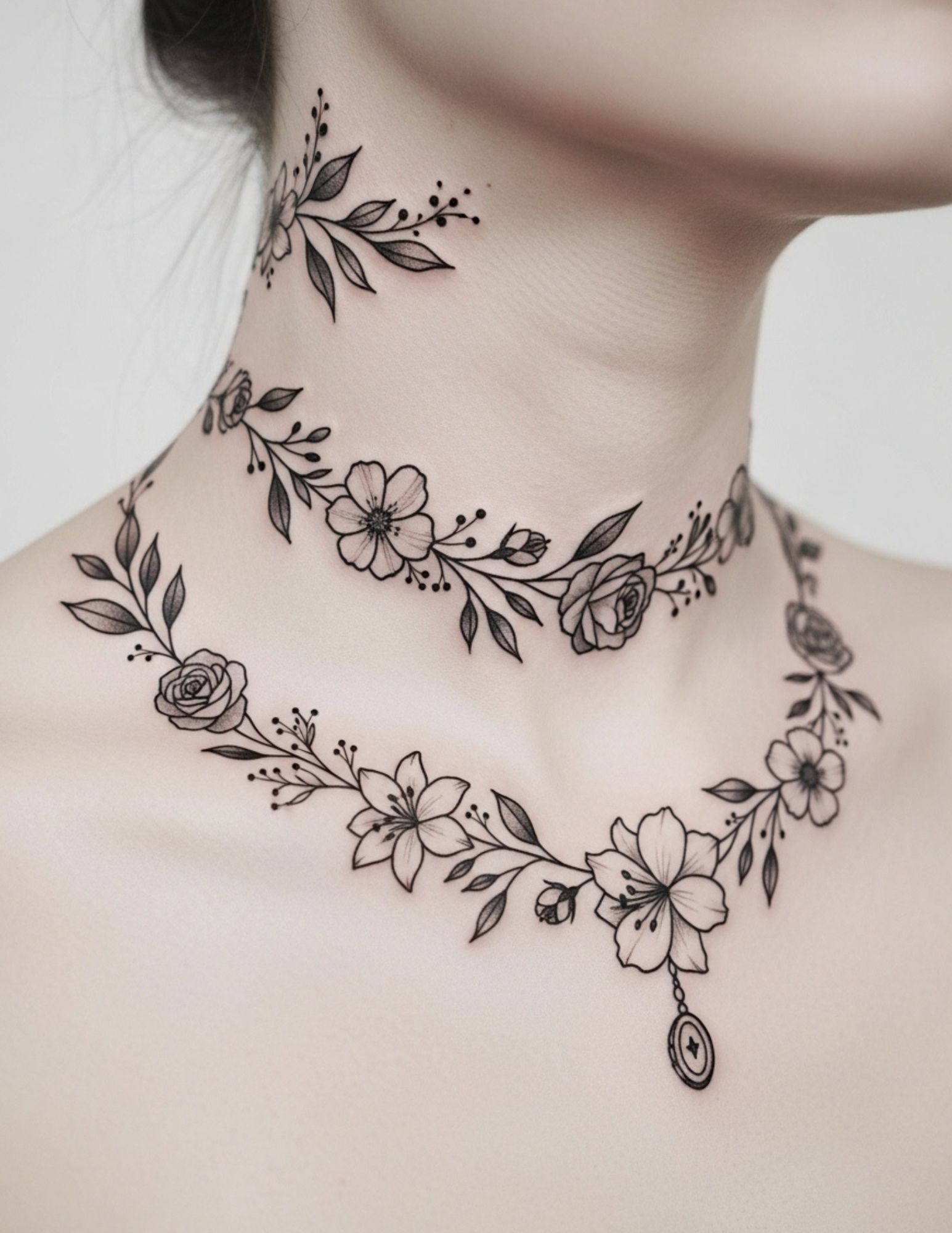 Floral garland necklace tattoo with small linked blooms curving along the collarbone