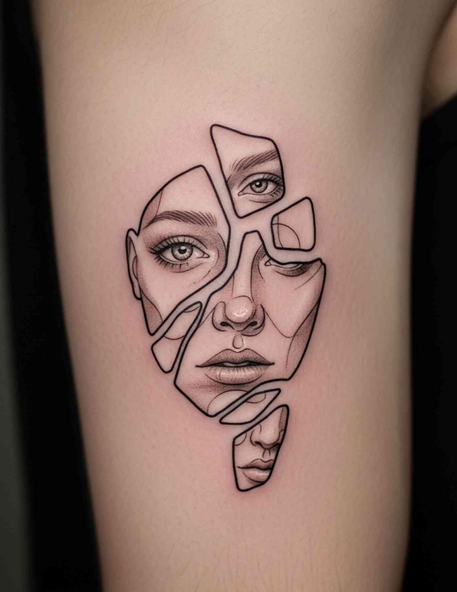 Deconstructed portrait abstract tattoo with displaced and rotated facial fragments.