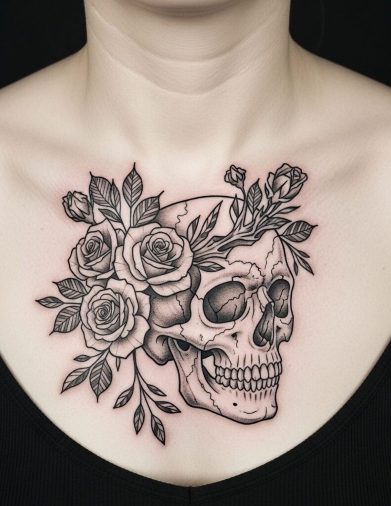 Black and grey rose and skull tattoo chest piece spanning collarbone to collarbone