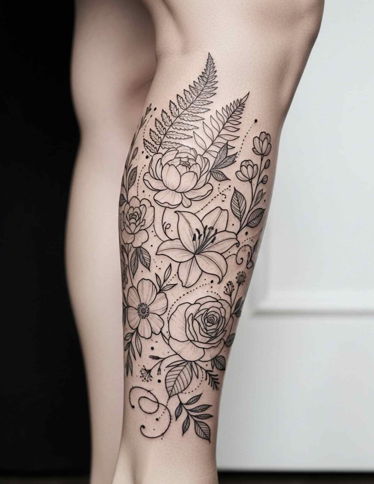Half leg sleeve tattoo for women showing a neo-traditional nature scene with bold outlines and muted colour.