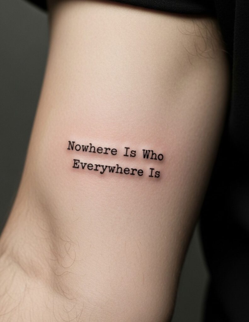 Nusquam Est Qui Ubique Est Latin phrase tattoo in thin script on the forearm