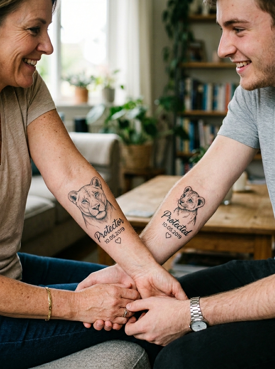 Lioness and cub mother son tattoo in black and grey shading