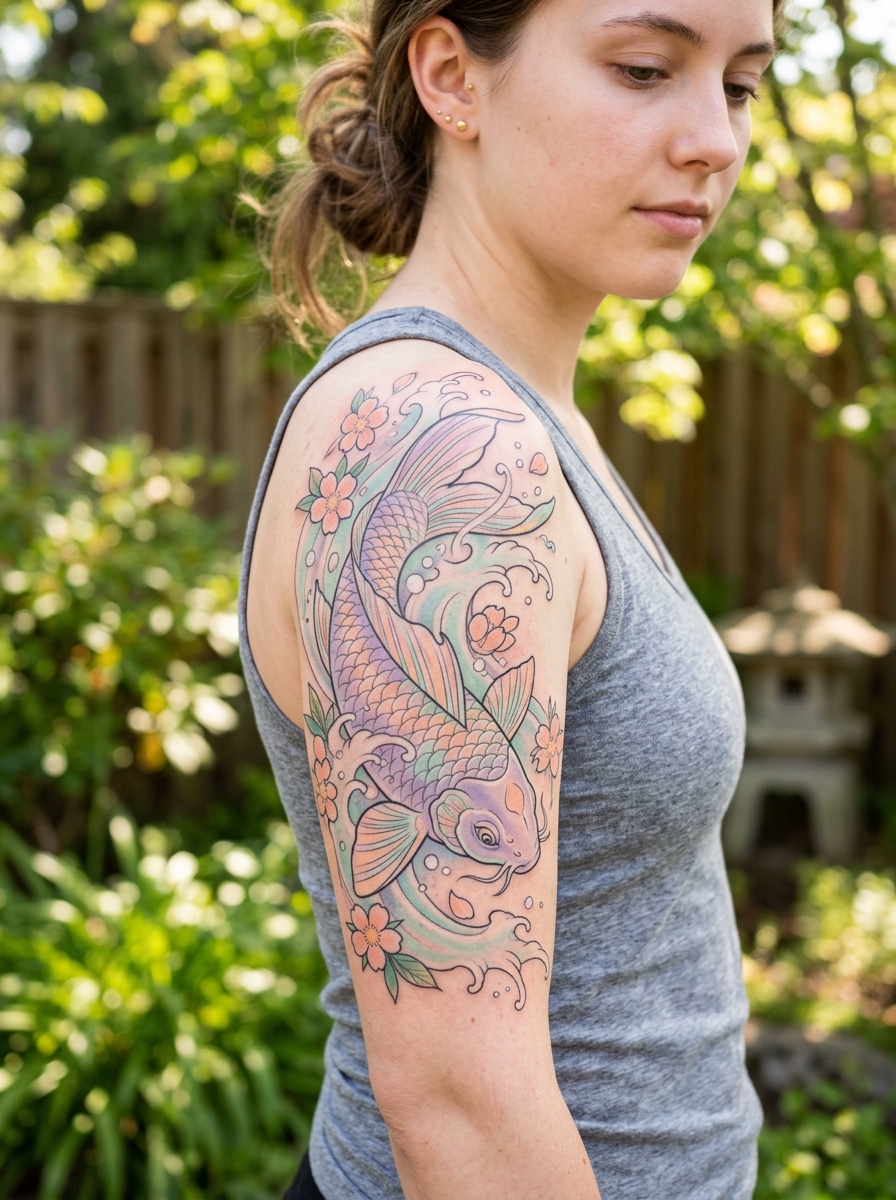 Pastel koi fish tattoo in blush and pale orange with soft water detail